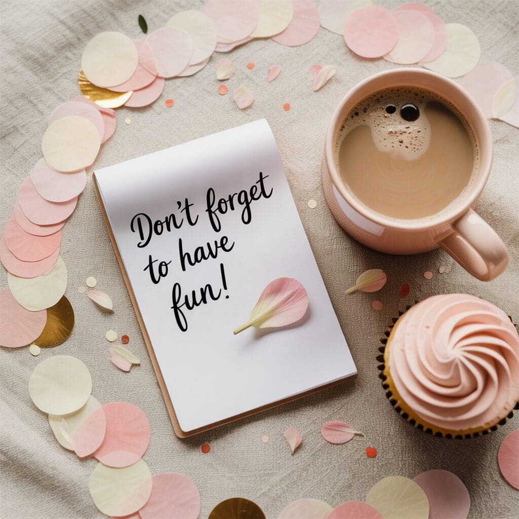Flat lay with a note that says “Don’t forget to have fun!”, coffee mug, and pink confetti, capturing the joyful and lighthearted side of wedding planning