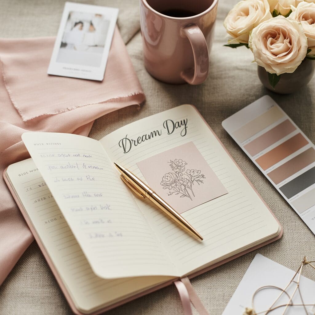 Flat lay of a wedding planning scene with a “Dream Day” journal, gold pen, fabric swatches, flowers, and a blush coffee mug, symbolizing defining your wedding vision and style