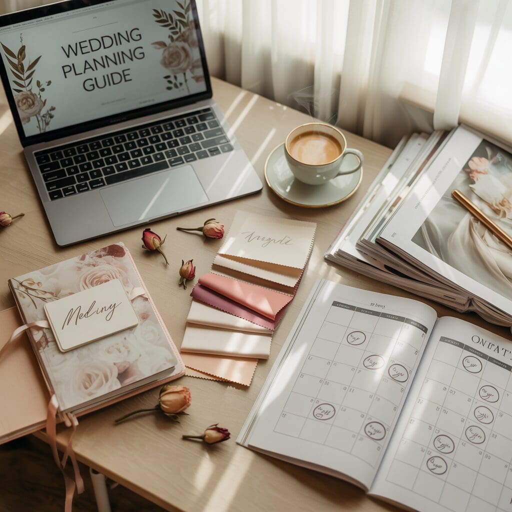 Wedding planning setup with a laptop showing a “planner guide,” coffee, notebooks, fabric swatches, and a wedding checklist, symbolizing different planning styles and levels of support