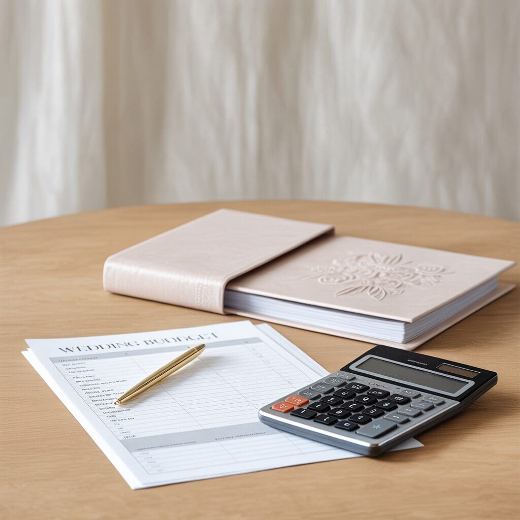Flat lay of a wedding budget worksheet, calculator, gold pen, and planning notebook on a wooden table, representing the importance of setting a realistic wedding budget