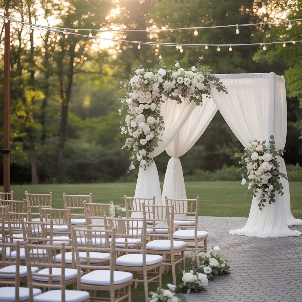 Outdoor wedding ceremony setup with floral arch, white draping, and elegant chairs at golden hour, symbolizing venue touring and inspiration gathering