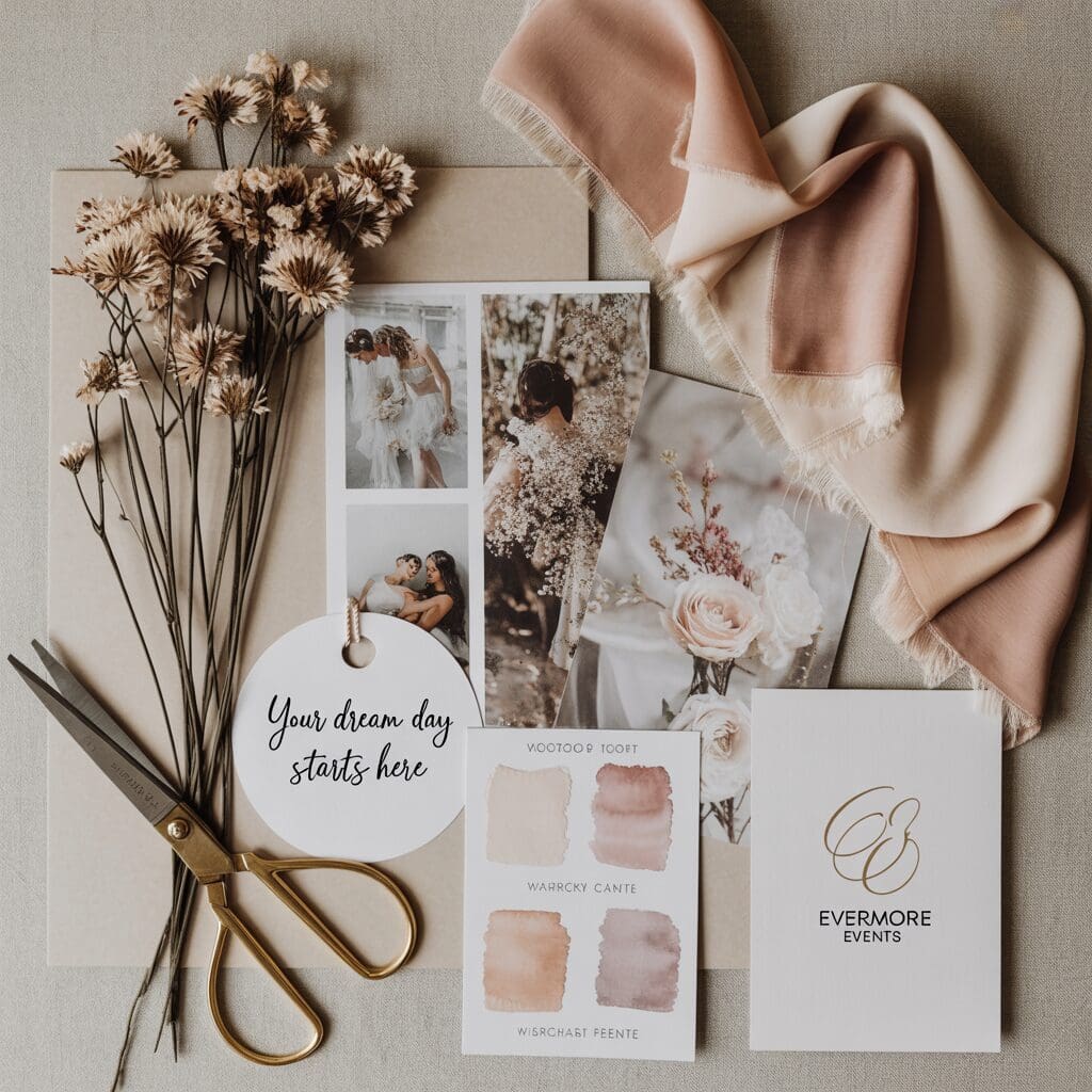 Flat lay of elegant wedding stationery with floral accents, dried flowers, silk ribbon, and neutral textures, capturing the mood of romantic and stress-free wedding planning
