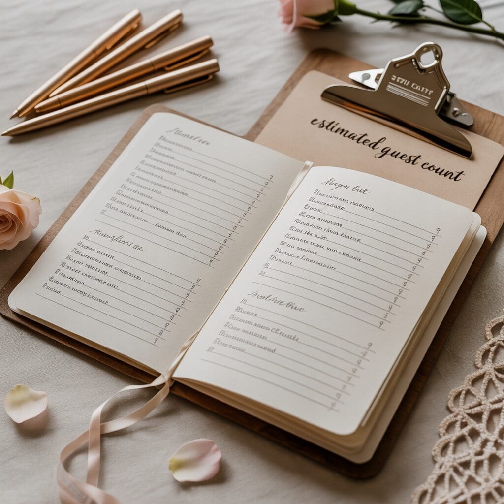 Open wedding guest list notebook on a clipboard with floral accents and ribbon, representing early guest count planning for venue and budget decisions
