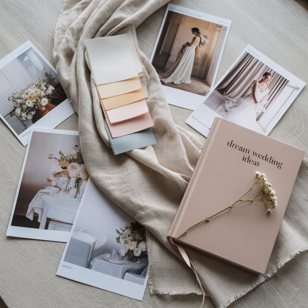 Flat lay of wedding planning materials including a “dream wedding ideas” notebook, fabric swatches, and bridal inspiration photos on soft linen, symbolizing early planning stages