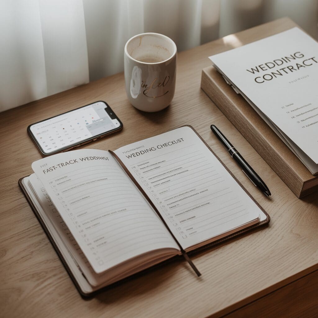 Flat lay of a fast-track wedding checklist, open planner, smartphone with calendar app, wedding contract folder, pen, and coffee mug on a wood desk, representing quick and efficient wedding planning