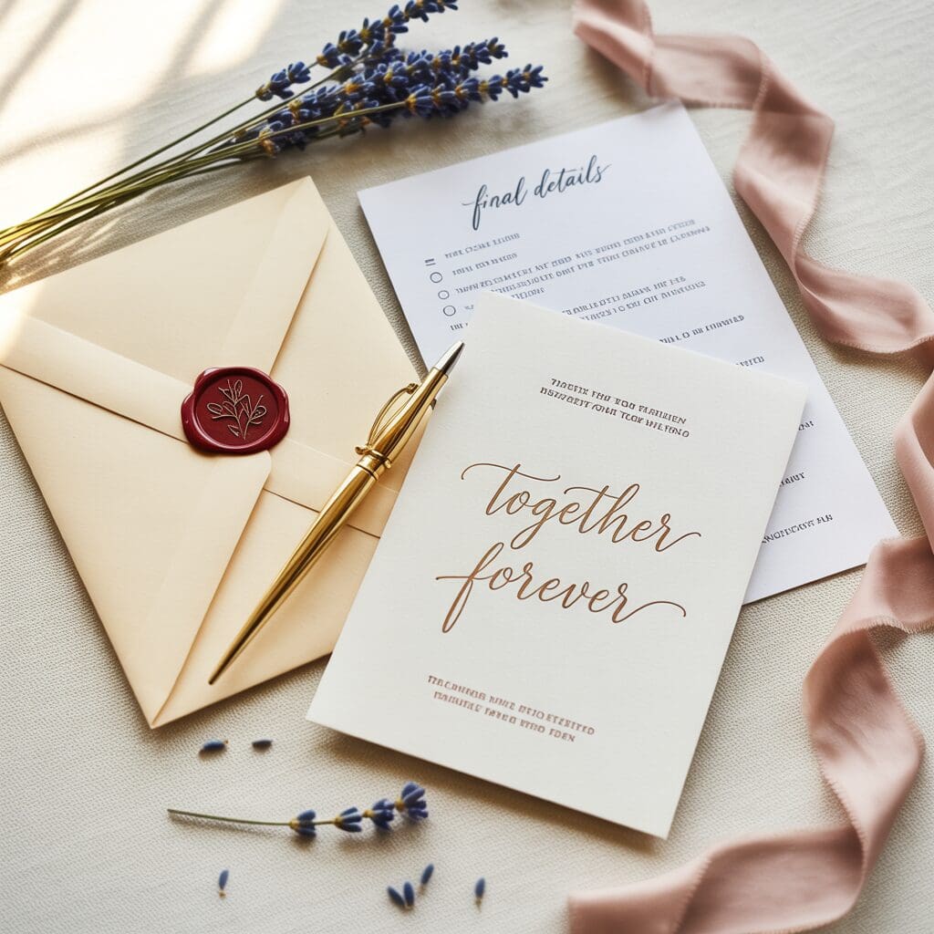 Elegant flat lay of a wedding invitation suite with gold pen, wax-sealed envelope, and RSVP card on a soft neutral background, symbolizing mid-stage wedding planning