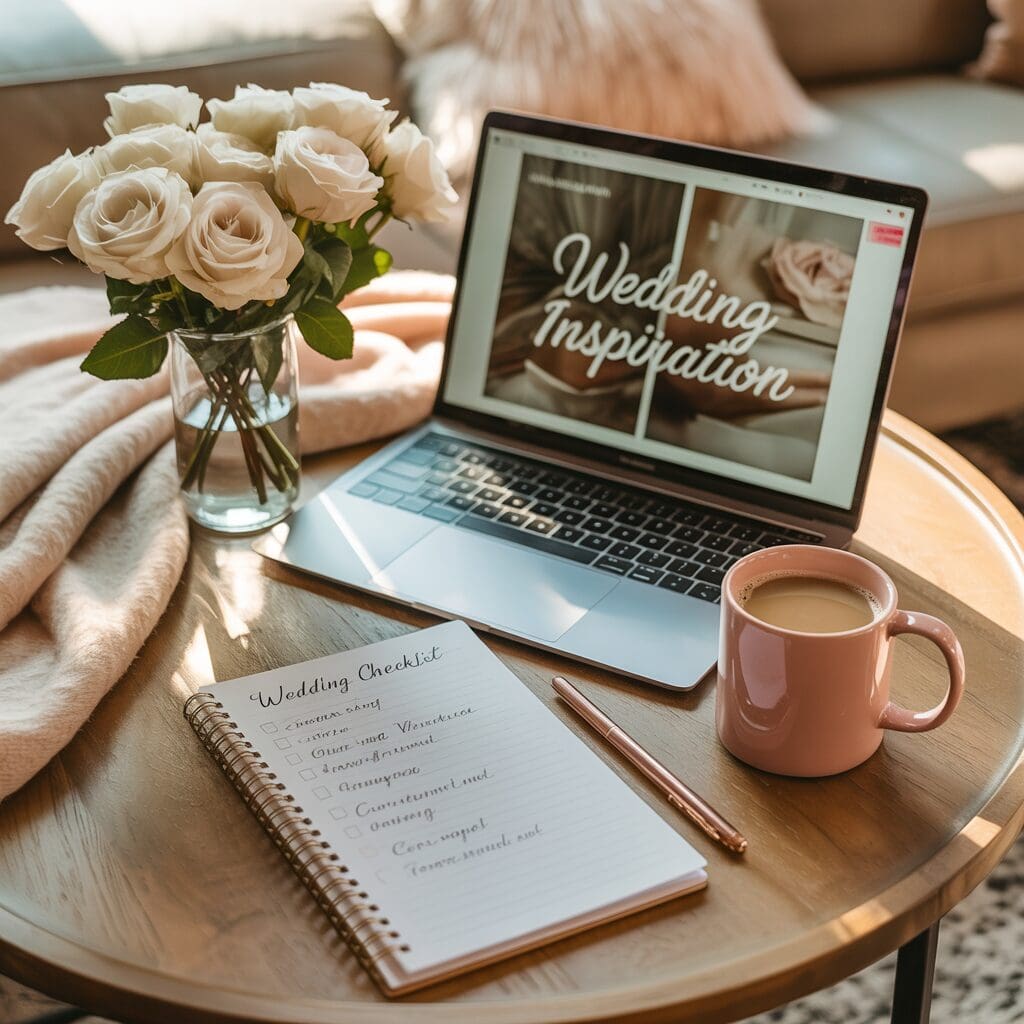 Cozy flat lay of a laptop with “Wedding Inspiration” on screen, a wedding checklist notebook, rose gold pen, pink coffee mug, and white roses on a blanket-covered table, symbolizing relaxed at-home wedding planning