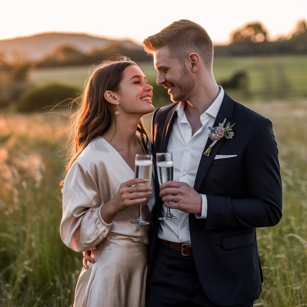 Engaged couple celebrating with champagne at sunset in a romantic outdoor setting