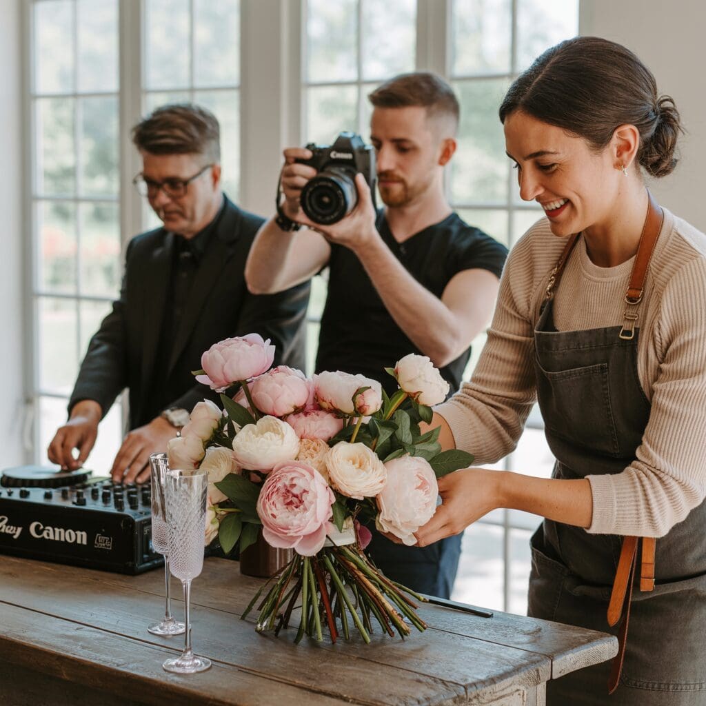Behind-the-scenes moment of a florist, photographer, and videographer working together to bring a wedding vision to life—Wondrous vendor magic in action.