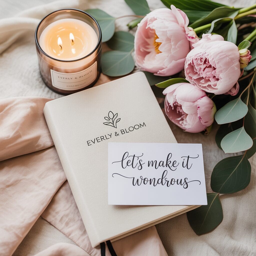 Soft, romantic scene with candlelight, fresh peonies, and a custom notebook reading 'Let’s Make It Wondrous'—a cozy invitation to dream big with your planner.