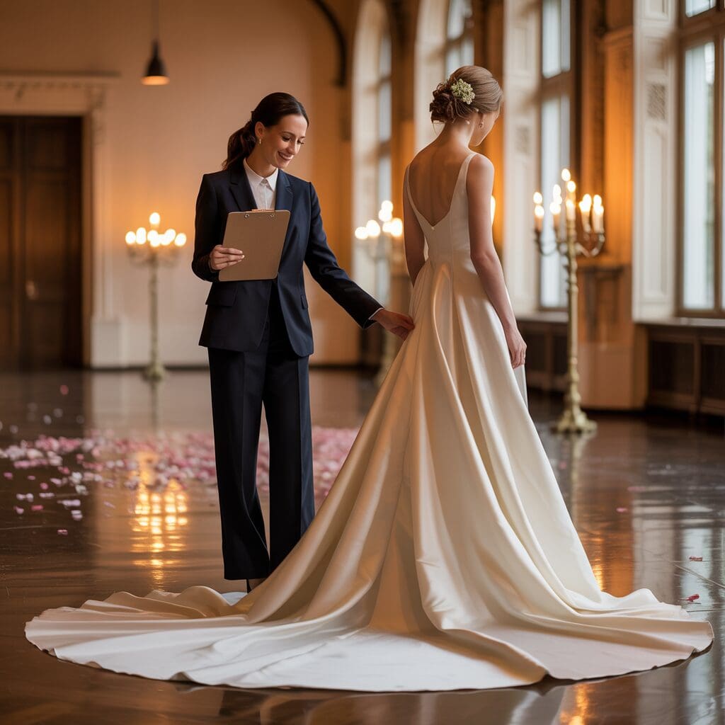 Wedding planner gently assisting bride with her train in an elegant ballroom—symbolizing calm, professional guidance and support on the big day.