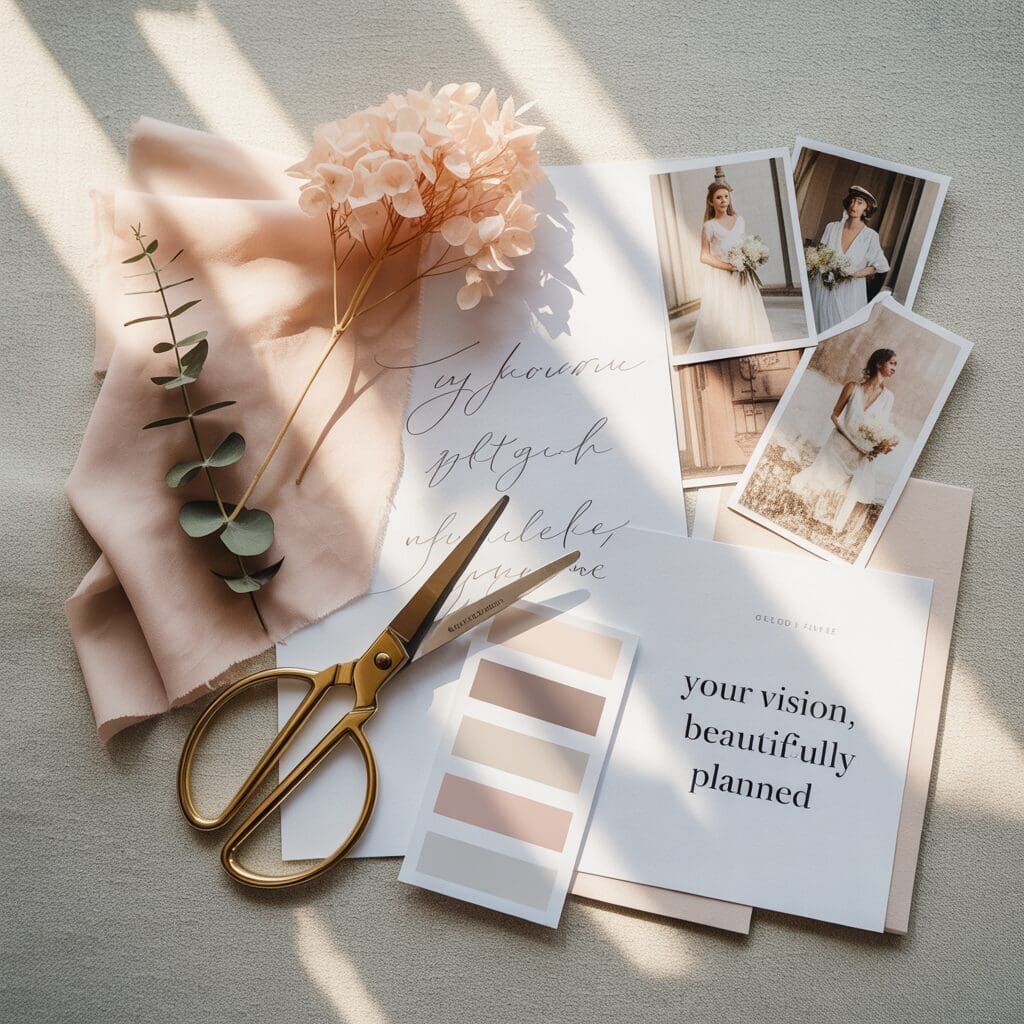 Flat lay of elegant wedding planning tools, blush florals, gold scissors, and stationery with swatches—capturing the design and detail behind full-service wedding planning.